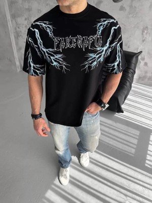 Modi Green Baskılı Unisex Günlük Stil Siyah Gece Temalı Serigrafi Oversize Tişört