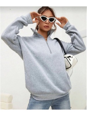 Modi Green Unisex Günlük Stil Gri Uzun Kol Yarım Farmuarlı Yakalı Basic Sweatshirt