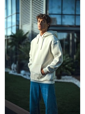 Modi Green Kadın Sokak Stili Beyaz Üç Iplik Penye Kapüşonlu Basic Sweatshirt