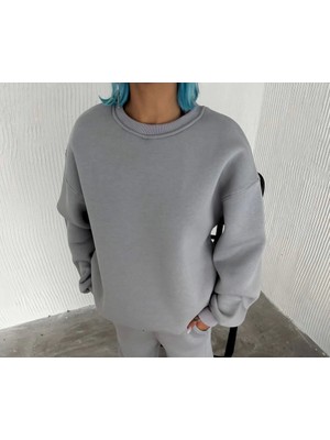 Modi Green Kadın Günlük Stil Gri Kışlık Bisiklet Yaka Üç Iplik Basic Sweatshirt