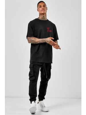 Modi Green Unisex Gece Siyahı Premium Dokulu Bisiklet Yaka Oversize Tişört
