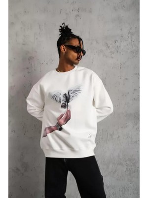 Modi Green Sanatsal Baskılı Erkek Beyaz Güvercin Figürlü Sweatshirt