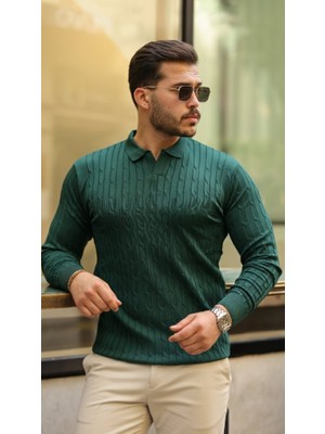 Modi Green Erkek Modern Stil Saç Örgü Desen Uzun Kollu Triko