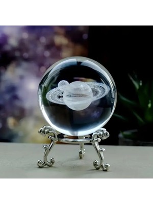 PremiumPort Kristal Cam Kar Küresi Satürn Gezegenli Metal Standlı Dekorasyon Seti