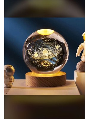 PremiumPort 3D Kristal Cam Küre Gece Lambası, Ahşap Soketli Güneş Sistemi Dekoru