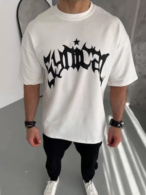 Modi Green Baskılı Unisex Günlük Stil Beyaz Minimal Desen Rahat Kesim Tişört