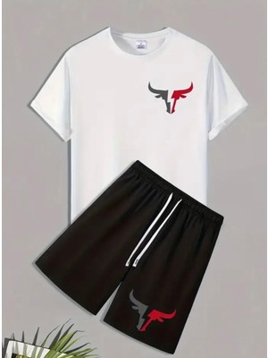 Punix Kids Özel Seri Boğa Silüet Baskılı %100 Pamuk Yeni Trend Erkek Çocuk T-Shirt Şort Takımı