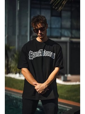 Modi Green Baskılı Unisex Günlük Stil Siyah Şehir Temalı (Urban) Oversize Tişört