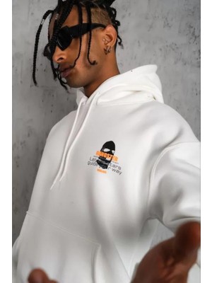 Modi Green Maske Illüstrasyon Baskılı Erkek Beyaz Kordonlu Kapüşonlu Sweatshirt