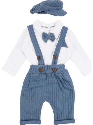 by BebekOdam Erkek Bebek Ekru Mavi Papyonlu Şapkalı Fitilli Salopet Takım - 1016697
