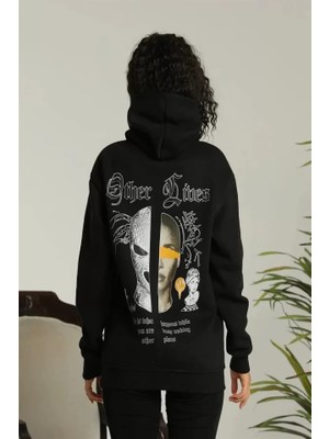 Modi Green Grafik Sırt Baskılı Erkek Sokak Stili Siyah Üç Iplik Kapüşonlu Oversize Sweatshirt