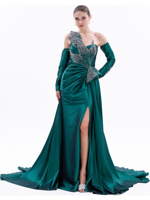 Bdm Exclusive Taş Işlemeli Yaprak Detaylı Drapeli Tafta Abiye Elbise