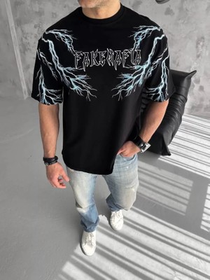Modi Green Unisex Günlük Stil Siyah Loft Stil Grafik Tasarım Oversize Tişört