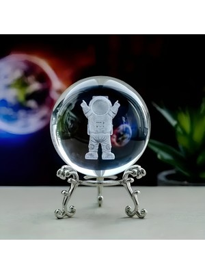 PremiumPort 3D Kristal Cam Küre, Astronot ve Metal Stand, Dekoratif Masaüstü Aksesuar