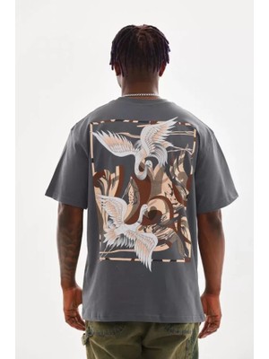 Modi Green Basic Dokulu Unisex Günlük Stil Duman Grisi Pamuklu Oversize Tişört