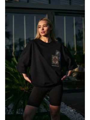 Modi Green Baskılı Unisex Günlük Stil Siyah Neon Çizgi Detaylı Oversize Tişört