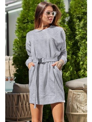 Pileli Store Kadın Uzun Kollu Bisiklet Yaka Kuşaklı Iki Iplik Elbise