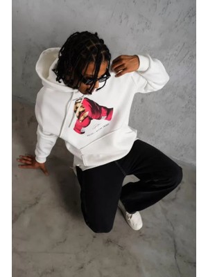 Modi Green Baskılı Erkek Günlük Stil Eldiven Figür Beyaz Kapüşonlu Sweatshirt