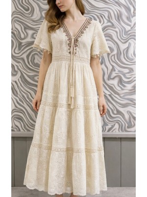 Hopeful Design Kadın V Yaka Ekru Nakış Detaylı Bağcıklı Fisto Elbise Mezuniyet Elbise