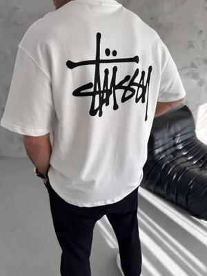 Modi Green Baskılı Unisex Günlük Stil Beyaz Abstract Sanat Oversize Tişört