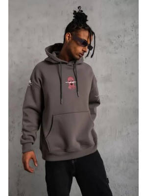 Modi Green Maske Illüstrasyon Baskılı Erkek Gri Kordonlu Kapüşonlu Sweatshirt