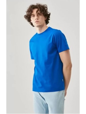 Modi Green Unisex Günlük Stil Indigo Mavi %100 Pamuklu Basic Bisiklet Yaka Tişört