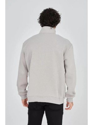 Modi Green Baskılı Erkek Günlük Stil Boyalı Efektli Gri Yarım Fermuarlı Sweatshirt