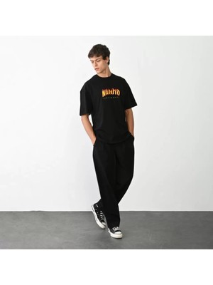 Modi Green Baskılı Unisex Siyah Retro Futurist Desen Oversize Tişört