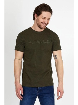 Dynamo Erkek Haki Bisiklet Yaka Nakış Detaylı T-Shirt T866