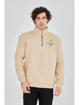 Modi Green Tipografik Baskılı Erkek Günlük Stil Bej Tonlu Yarım Fermuarlı Sweatshirt
