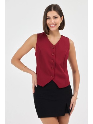 Diemmood Kadın Düğmeli Klasik Bordo Yelek