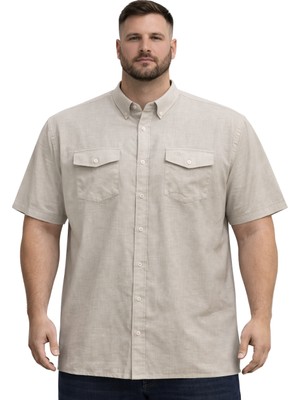 Battal Moda Büyük Beden Erkek Çift Cepli Kısa Kollu Gömlek %100 Pamuk Bej 3XL-8XL