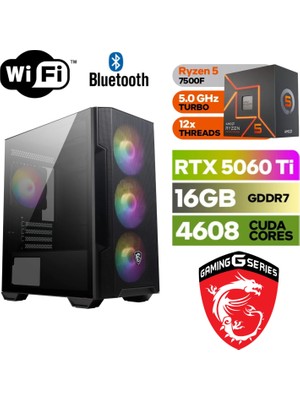 MSI Şafak-Gamıng Pc Ddr5 Amd Ryzen 5 7500F Rtx 5060 Ti 16GB-16GB Ddr5 Ram 1tb M.2 SSD (5000/4000) Win 11 Pro Wi-Fi E-Spor Oyuncu ve Render Bilgisayarı