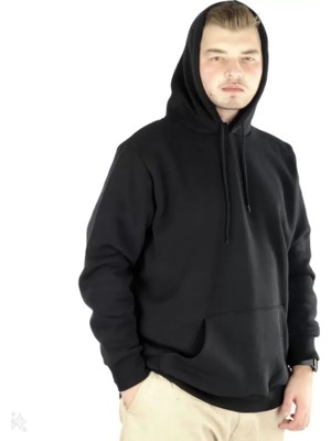 Modi Green Basic Dokulu Erkek Günlük Stil Kömür Siyahı Kapüşonlu Hoodie Sweatshirt