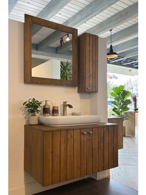 Adn Dizayn Doğal Ahşap Banyo Dolabı Seti - 90 Cm-Su Korumalı Cilalı - Montajlı Gönderim - Çanak Lavabolu