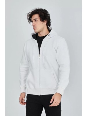 Modi Green Erkek Sıcak Tutan Kar Beyazı Fermuar Detaylı Kapüşonlu Polar Hırka