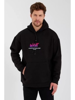 Modi Green Modern Sanat Baskılı Erkek Siyah Üç Iplik Kapüşonlu Sweatshirt