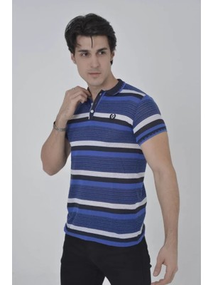 Modi Green Erkek Fit Duruş Ince Çizgili Deniz Mavisi Yakalı Slim Fit Dokuma Tişört
