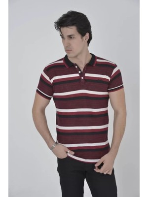 Modi Green Erkek Fit Duruş Ince Çizgili Bordo Yakalı Slim Fit Dokuma Tişört