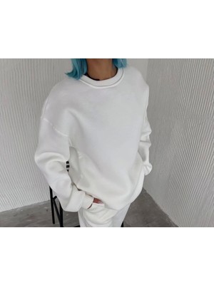 Modi Green Kadın Günlük Stil Beyaz Kışlık Bisiklet Yaka Üç Iplik Basic Sweatshirt