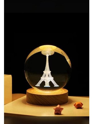 PremiumPort 3D Kristal Cam Küre Gece Lambası, Ahşap Soketli, Şık ve Havalı Hediye