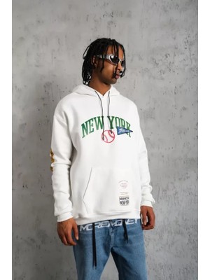 Modi Green Illüstrasyon Baskılı Erkek Günlük Stil Beyaz Kapüşonlu Sweatshirt