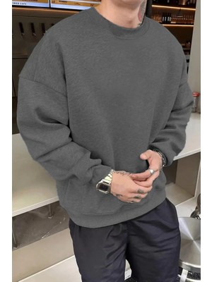 Modi Green Basic Dokulu Erkek Günlük Stil Füme Rengi Bisiklet Yaka Pamuklu Sweatshirt