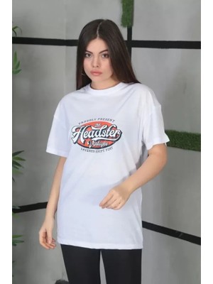 Modi Green Kadın Salaş Stil Mistik Melek Illüstrasyonlu Beyaz Pamuklu Oversize Grafik Tişört