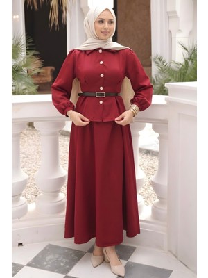 İmaj Butik Bordo Bel Pens Dikişli Dabıl Gömlek Etekli Takım
