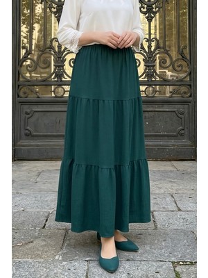 İmaj Butik Yeşil Eteği Katlı Bel Lastikli Bürümcük Etek