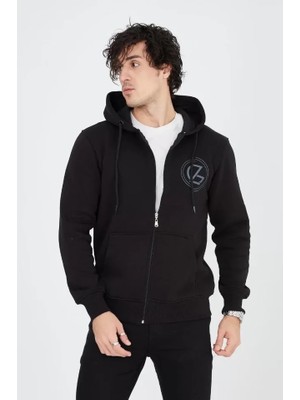 Modi Green Grafik Baskılı Erkek Sıcak Tutan Siyah Fermuarlı Kapüşonlu Polar Hırka