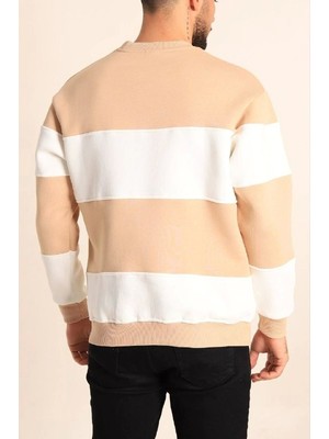 Modi Green Baskılı Kadın Günlük Stil Bej Parçalı Bisiklet Yaka Sweatshirt
