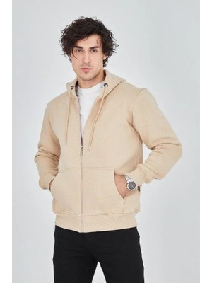 Modi Green Erkek Sıcak Tutan Bej Tonlu Fermuar Detaylı Kapüşonlu Polar Hırka