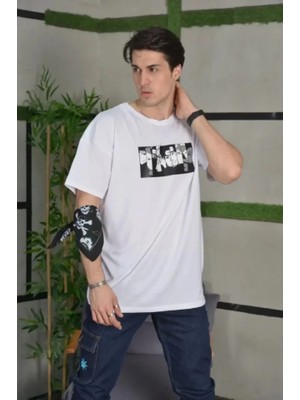 Modi Green Baskı Detaylı Unisex Günlük Stil Illüstrasyon Beyaz Pamuklu Oversize Tişört